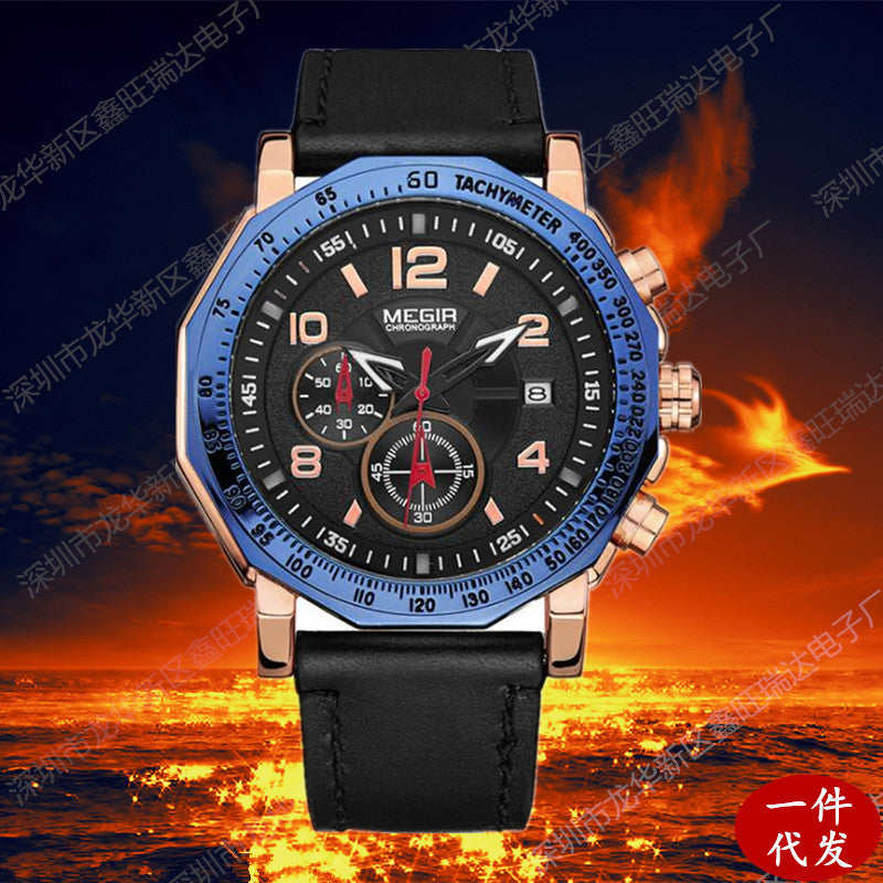 Leather Men's Quartz Watch Multi-function Chronograph Waterproof Sports Watch
