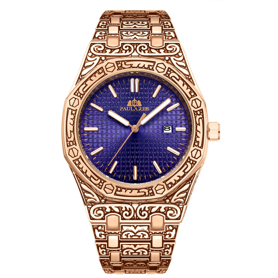 PAULAREIS Quartz Carved Oak Calendar Luminous Men's Watch