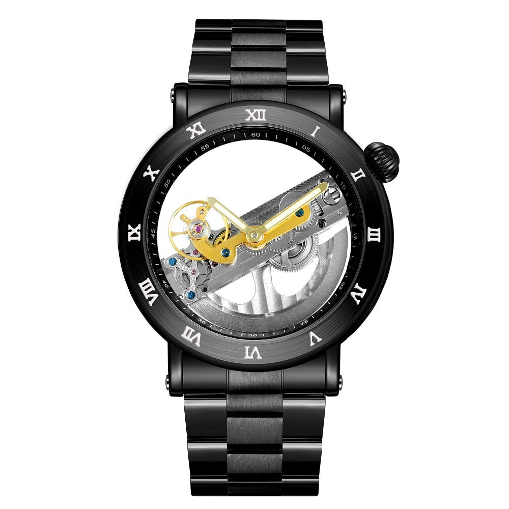 Men's Automatic Mechanical Watch Black All Steel Transparent