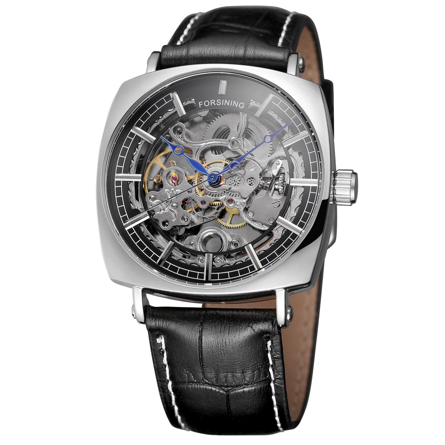 Forsining Black Genuine Leather Fashion Royal Luxury Gold Clock