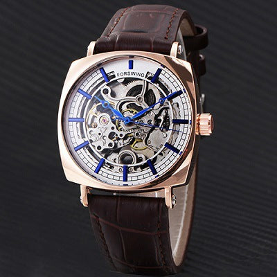 Forsining Black Genuine Leather Fashion Royal Luxury Gold Clock
