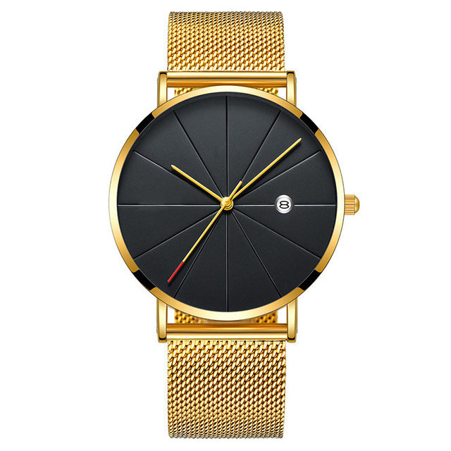 Calendar Thin Mens Watch Stainless Steel Mesh Band Quartz