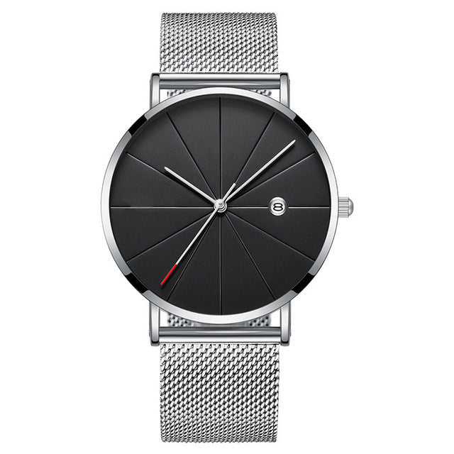 Calendar Thin Mens Watch Stainless Steel Mesh Band Quartz