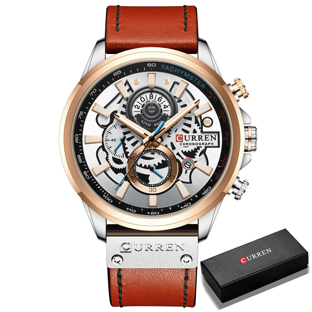Waterproof Quartz Multifunctional Men's Calendar Belt Watch