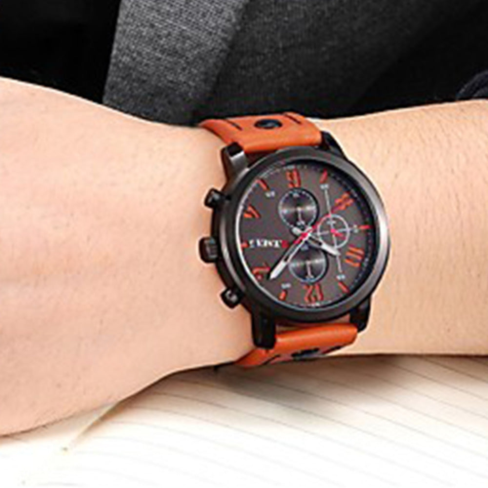 Men's fake three-eye strap watch quartz watch