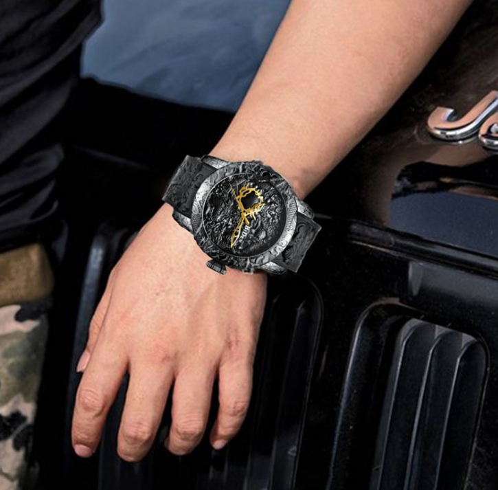 Black Men Watches Fashion 3D Engraved Dragon Relogio