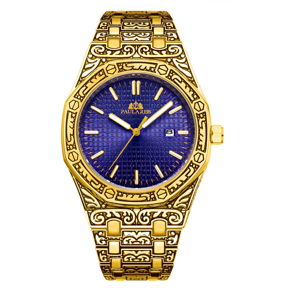 PAULAREIS Quartz Carved Oak Calendar Luminous Men's Watch