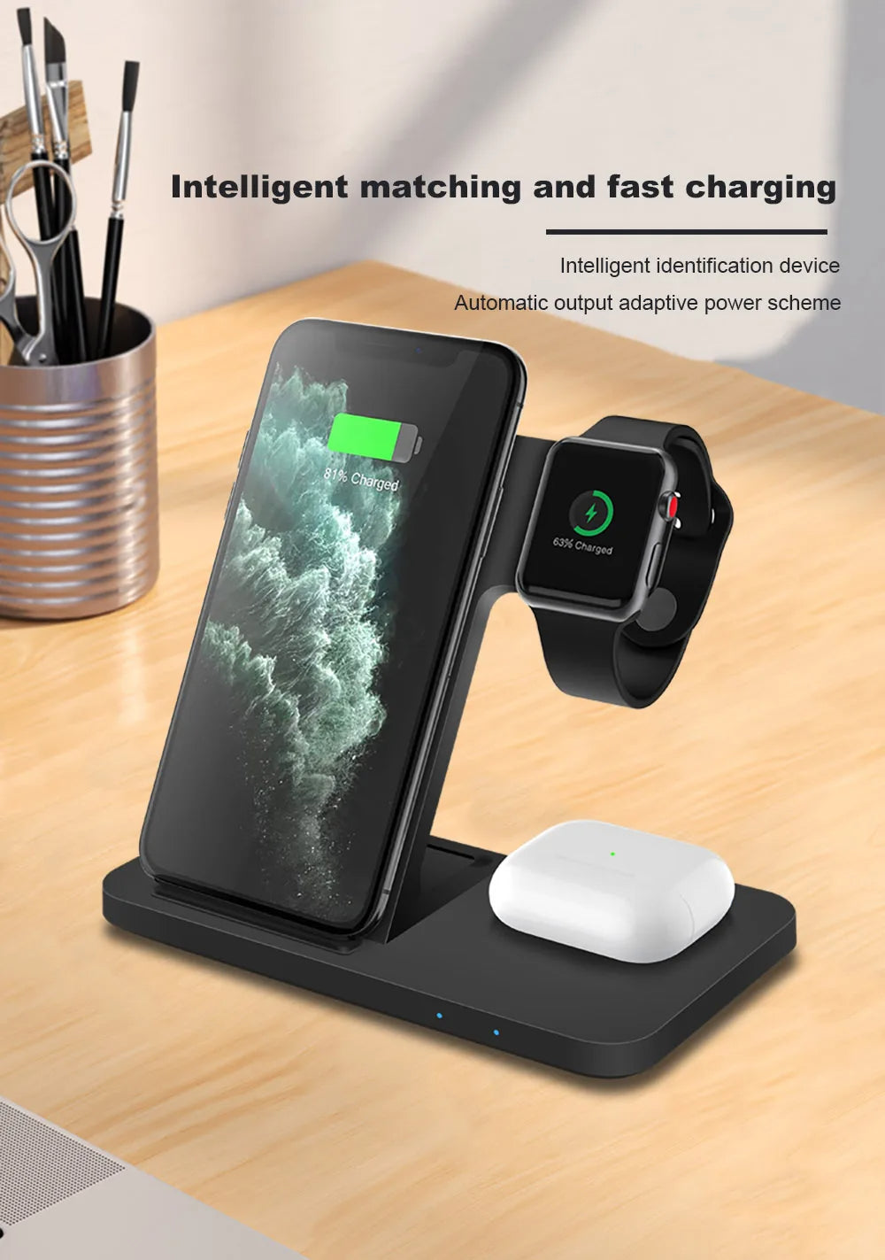 Mobile phone holder watch headset wireless charger