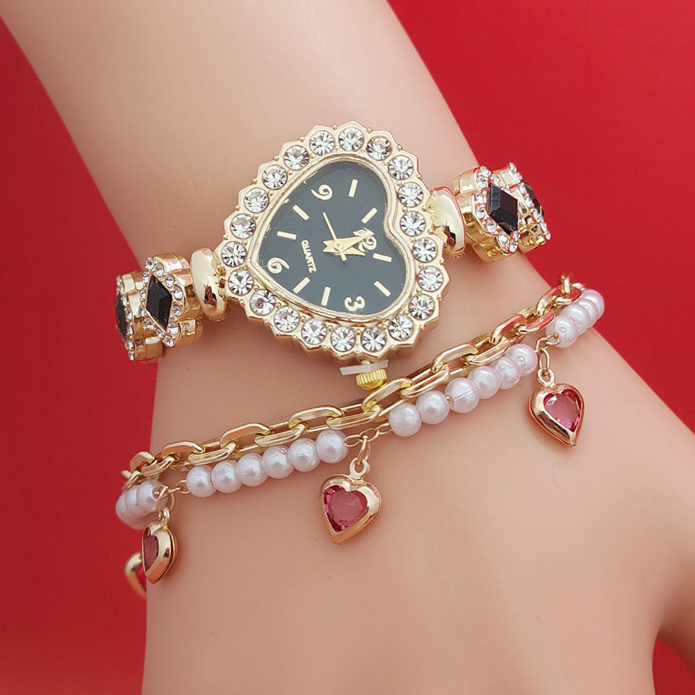 Fashion Love Shape Bracelet Watch Set Diamond Colored Heart
