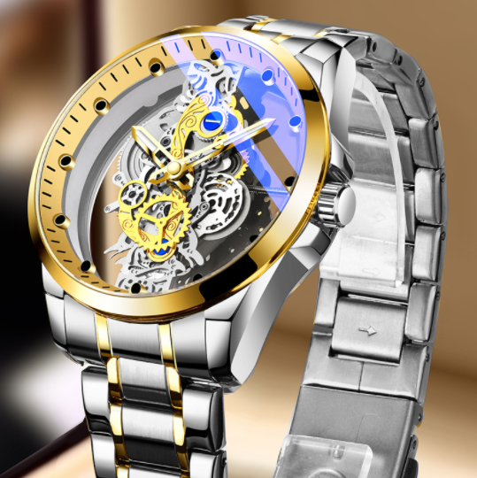 Men Watch Skeleton Automatic Quartz Watch Gold Skeleton