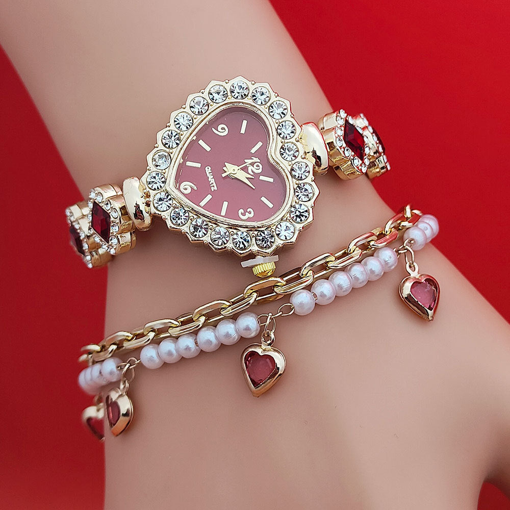 Fashion Love Shape Bracelet Watch Set Diamond Colored Heart
