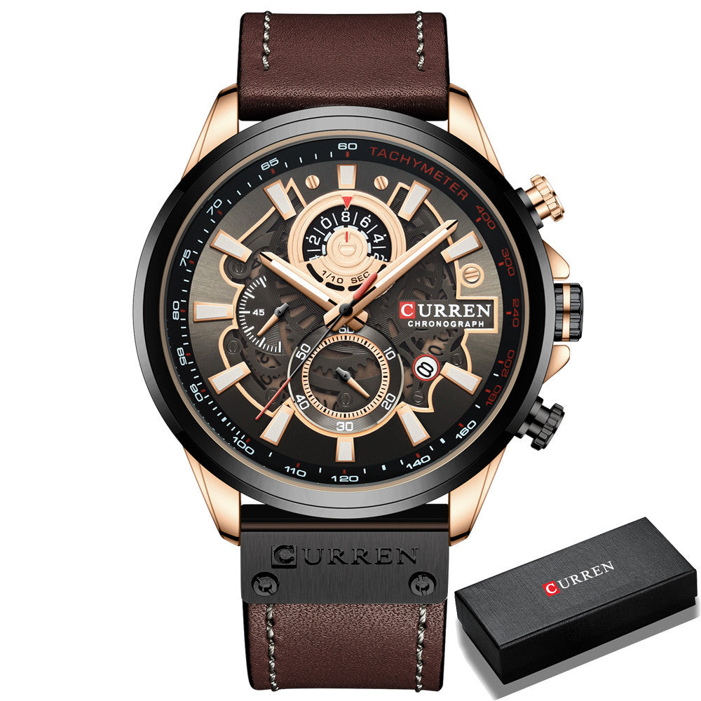 Waterproof Quartz Multifunctional Men's Calendar Belt Watch