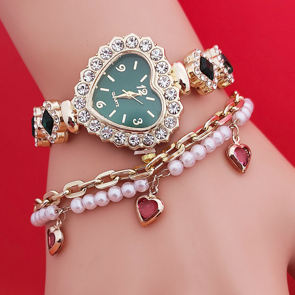 Fashion Love Shape Bracelet Watch Set Diamond Colored Heart
