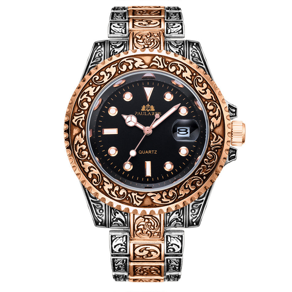 Quartz Carved Water Ghost Calendar Luminous Men's Watch