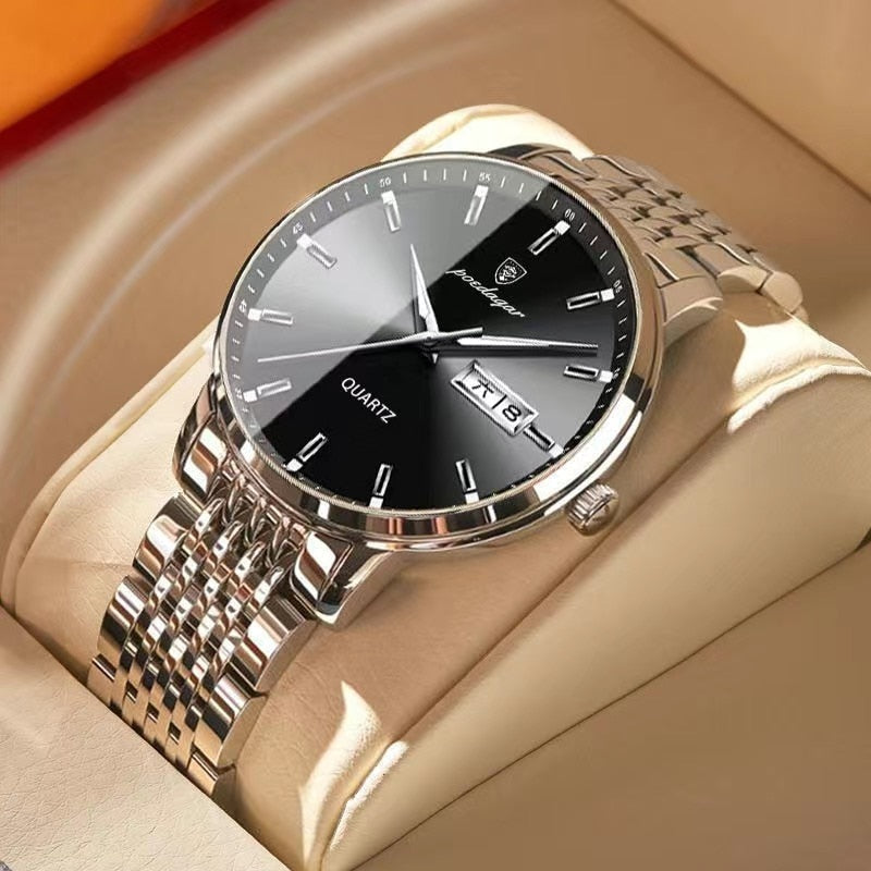 Men Watch Stainless Steel Luxury Push Button