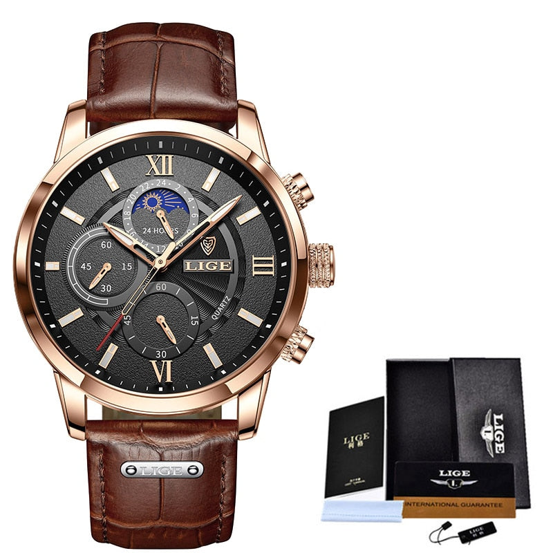 LIGE Men Watches New Fashion Leather Waterproof Luminous
