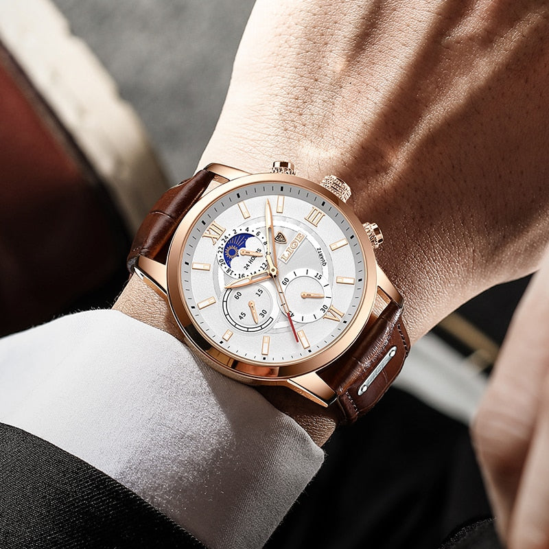 LIGE Men Watches New Fashion Leather Waterproof Luminous
