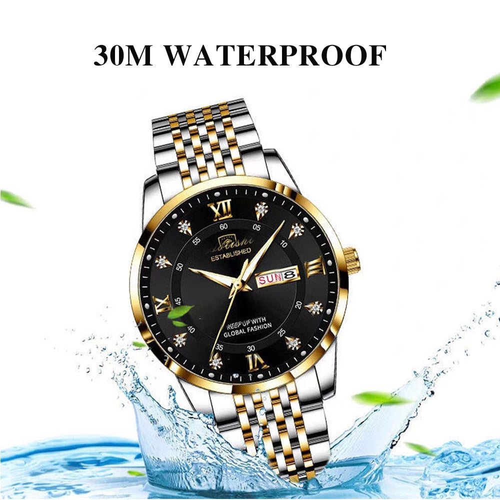 Men Watch Stainless Steel Luxury Push Button