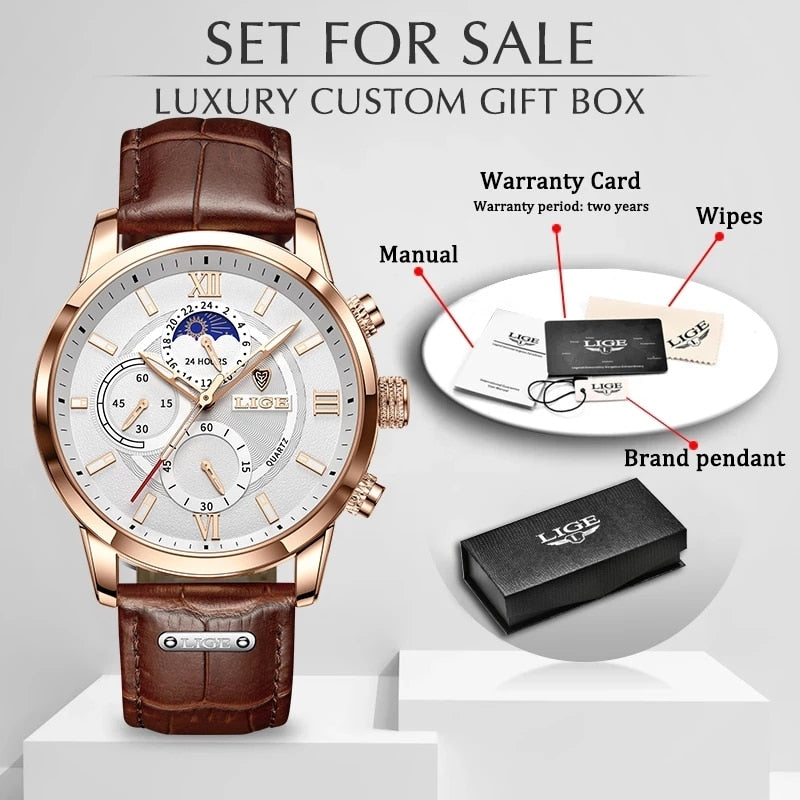 LIGE Men Watches New Fashion Leather Waterproof Luminous