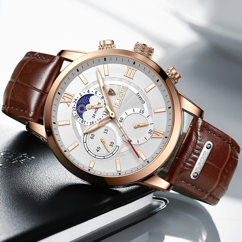 LIGE Men Watches New Fashion Leather Waterproof Luminous
