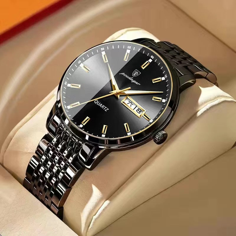 Men Watch Stainless Steel Luxury Push Button