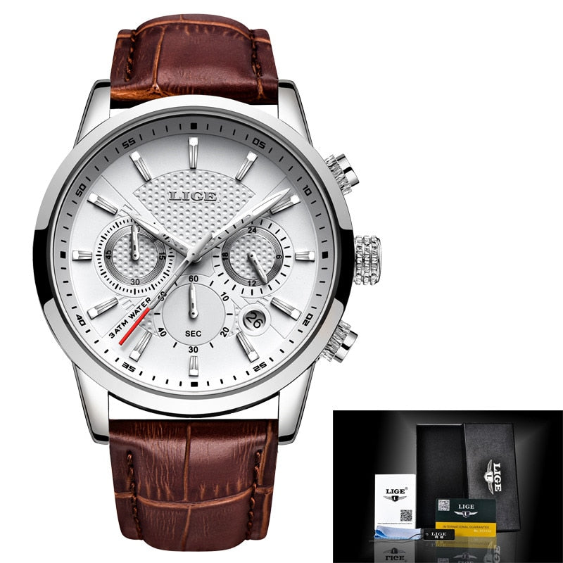 LIGE Men Watches New Fashion Leather Waterproof Luminous