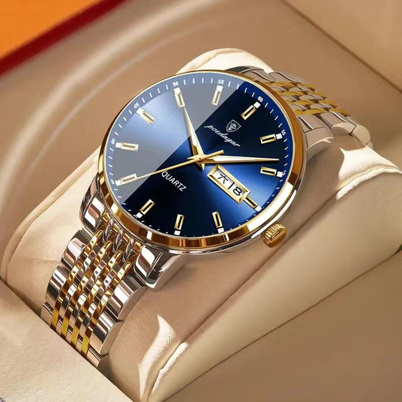Men Watch Stainless Steel Luxury Push Button
