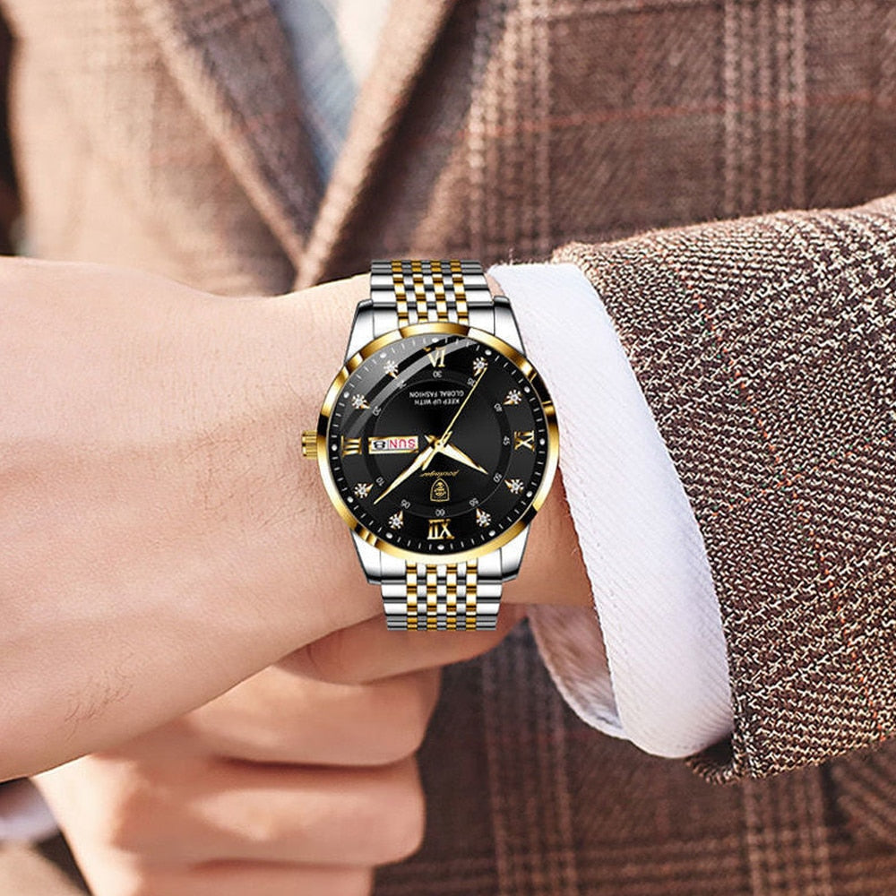 Men Watch Stainless Steel Luxury Push Button