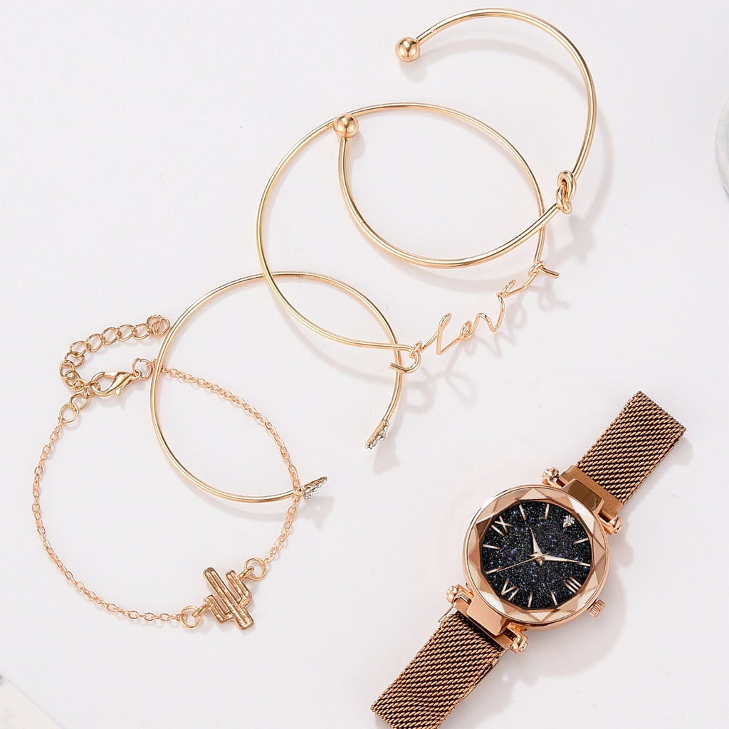 Luxury Brand Rose Gold Starry Sky Dial Watches Women Ladies Crystal Bracelet