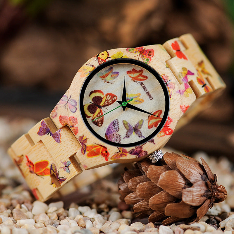 BOBO BIRD O20 Butterfly Print Women Watches All Bamboo Made Quartz Wristwatch for Ladies in Wooden Gift Box