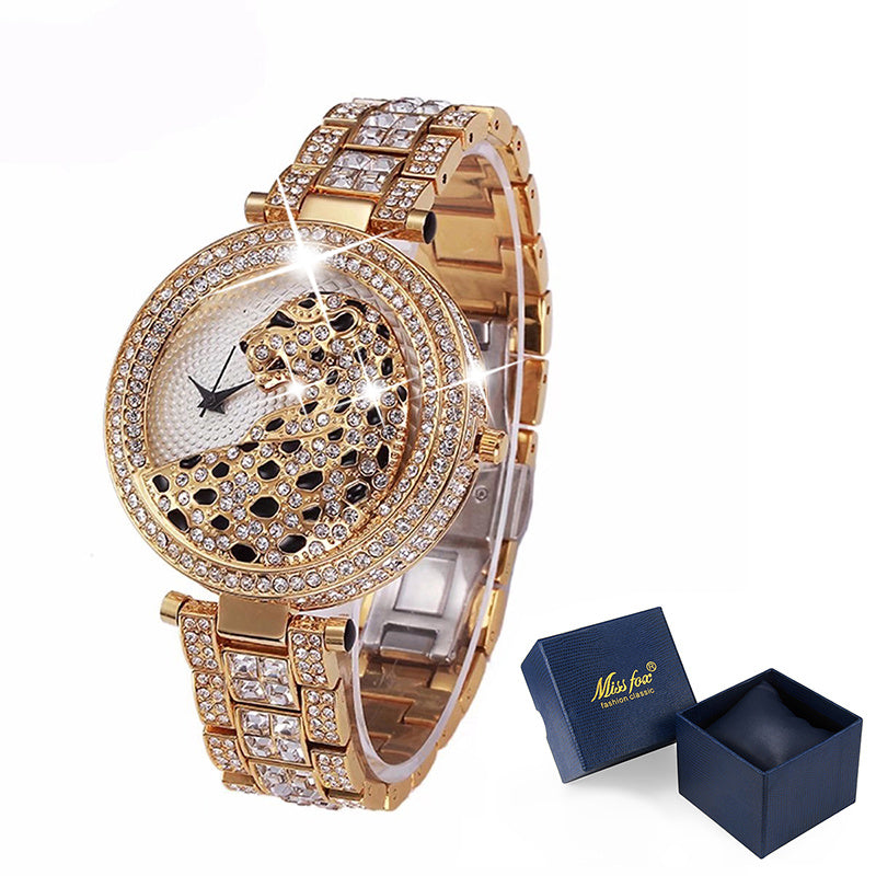 Cheetah with diamond band ladies watch hand