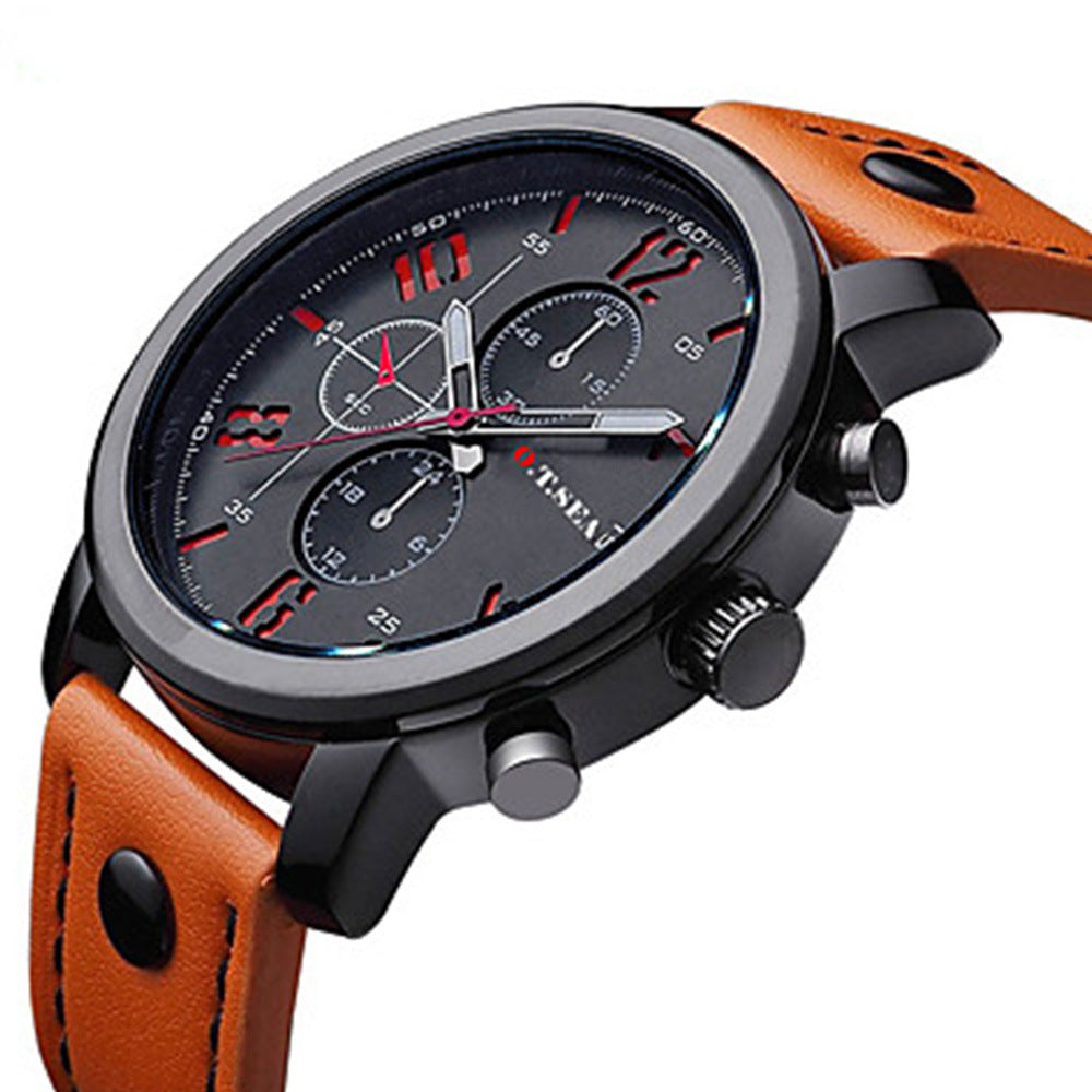 Men's fake three-eye strap watch quartz watch