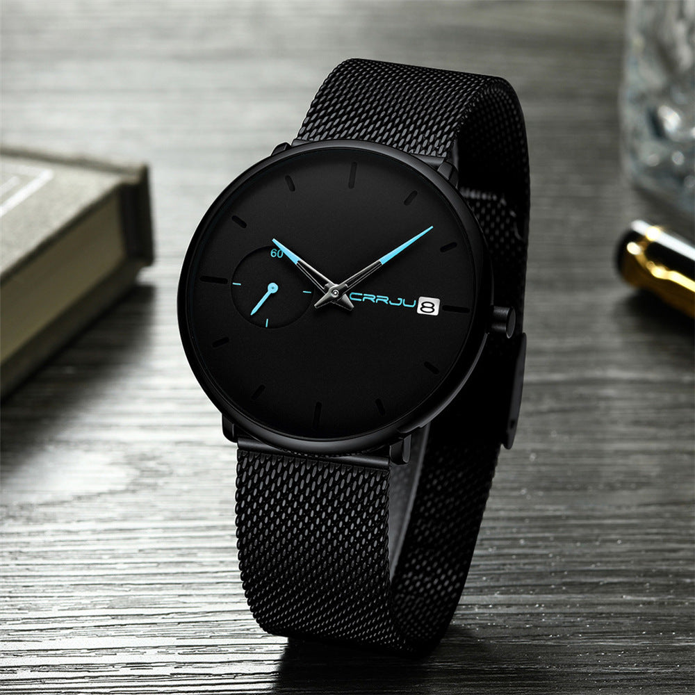 Men's minimalist analog quartz date bracelet watch with Milan stainless steel mesh belt