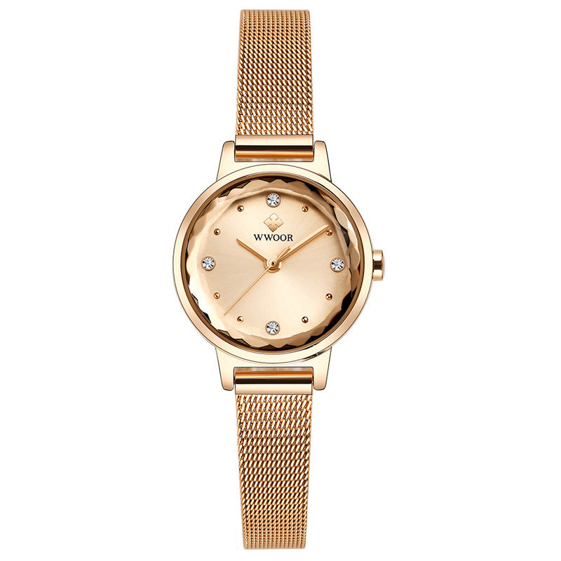 WWOOR women's quartz watch with mesh belt