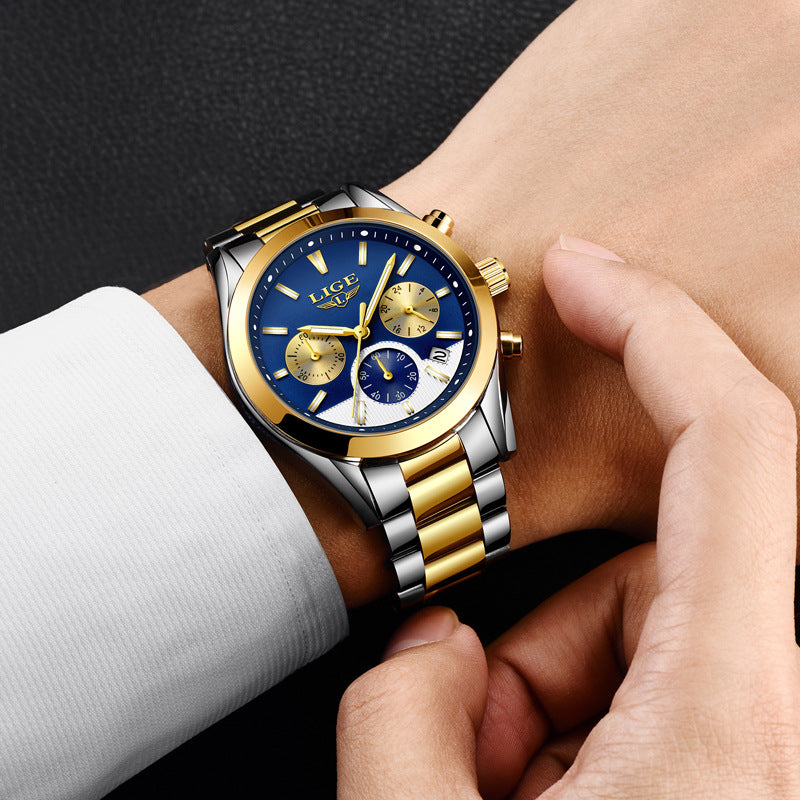 Casual Fashion Trend Double-eye Multi-function Luminous Steel Belt Watch