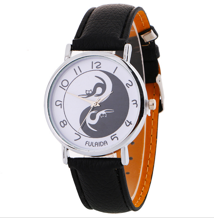 Women watch Yin-Yang Cute Cat Printed Faux Leather Band