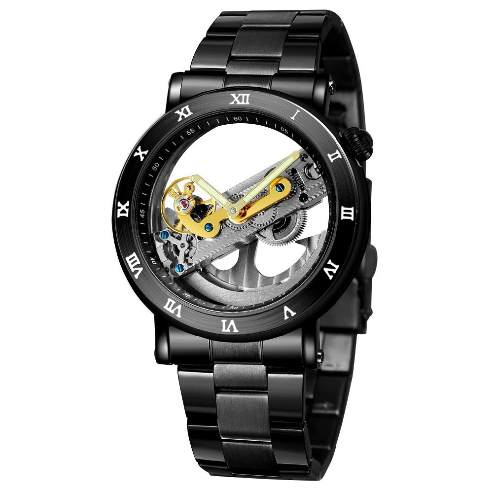 Men's Automatic Mechanical Watch Black All Steel Transparent