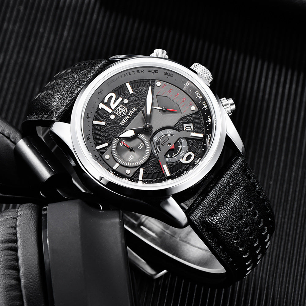 Sports Multi-function Timing Leather Quartz Watch