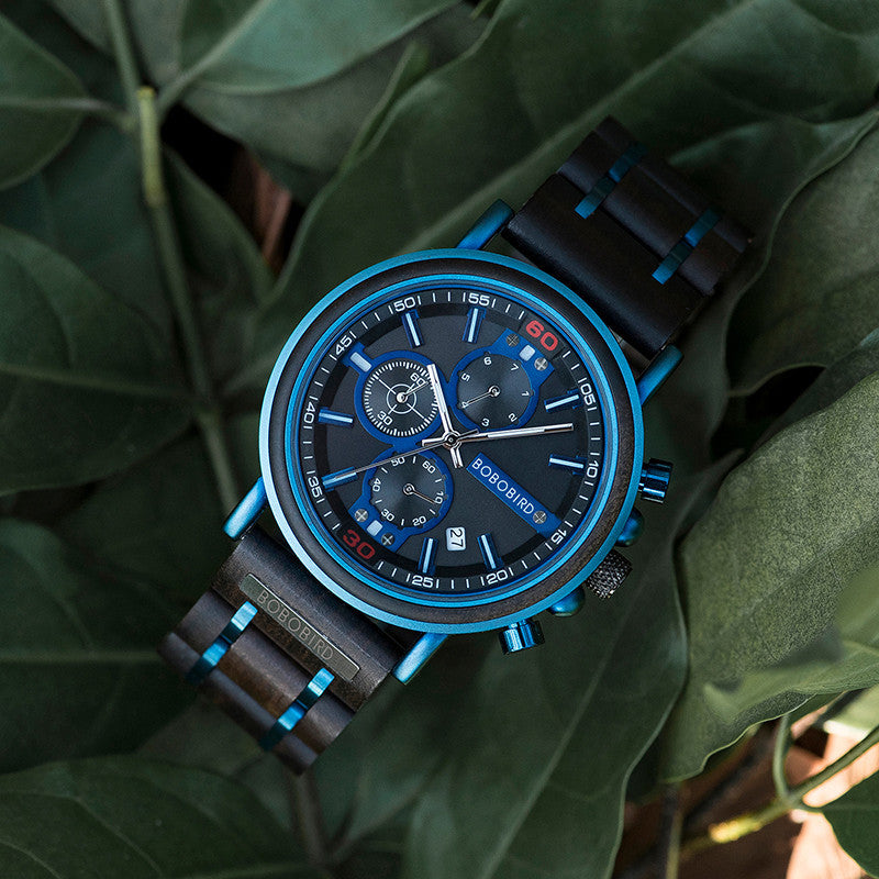 Blue Wooden Chronograph Watch