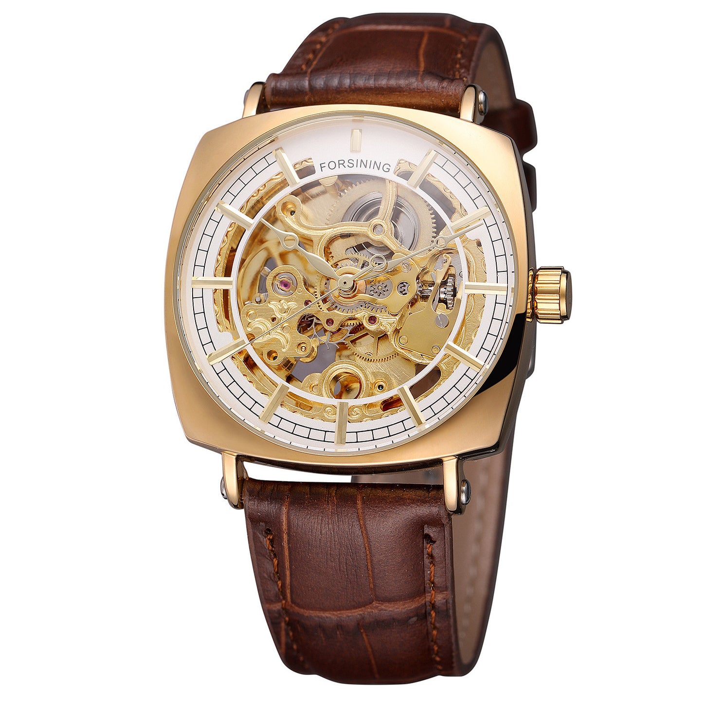 Forsining Black Genuine Leather Fashion Royal Luxury Gold Clock