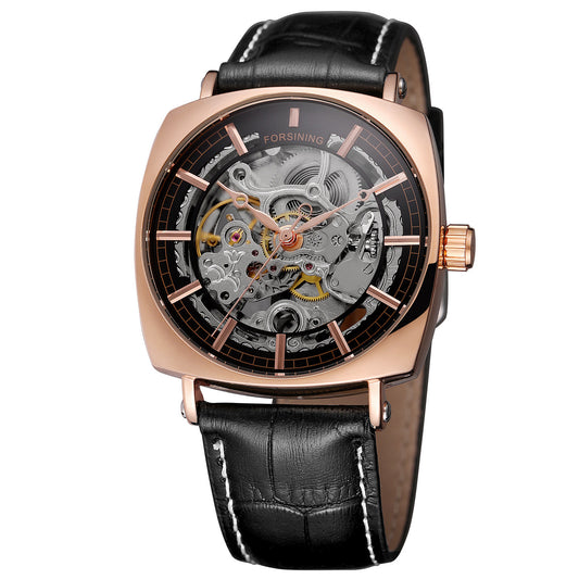 Forsining Black Genuine Leather Fashion Royal Luxury Gold Clock