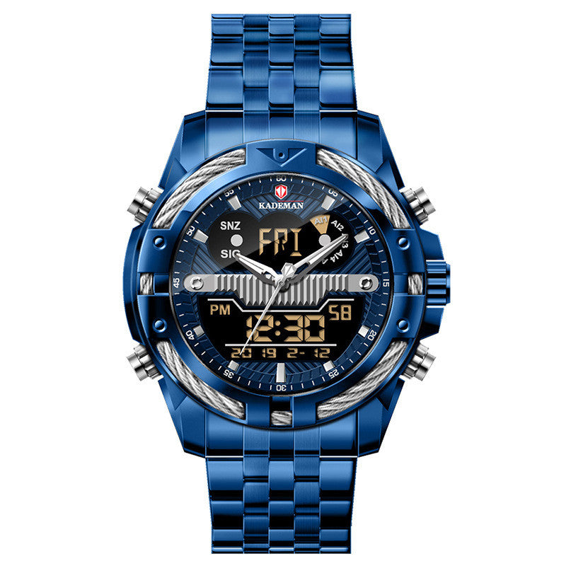 Men'S Watch Dual Movement Backlight Alarm Clock Waterproof Steel Band Watch Alloy Electronic Watch