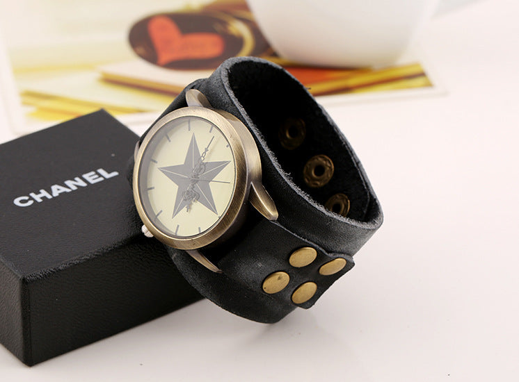 Wide Leather Vintage Leather Bracelet Watch