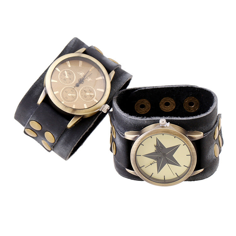 Wide Leather Vintage Leather Bracelet Watch