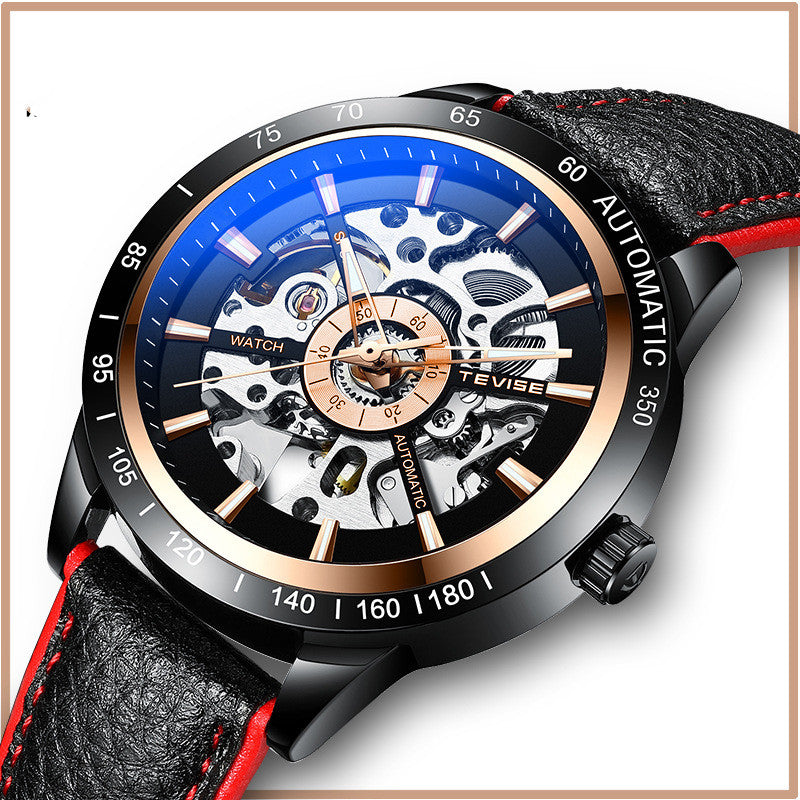 Men's Leather Hollow Mechanical Watch