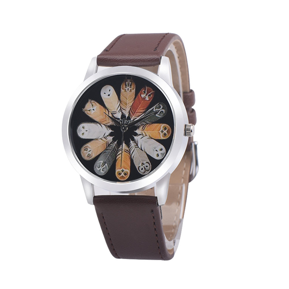 Fashion Student Quartz Cute Owl Feather Watch