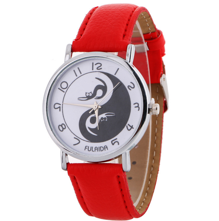 Women watch Yin-Yang Cute Cat Printed Faux Leather Band