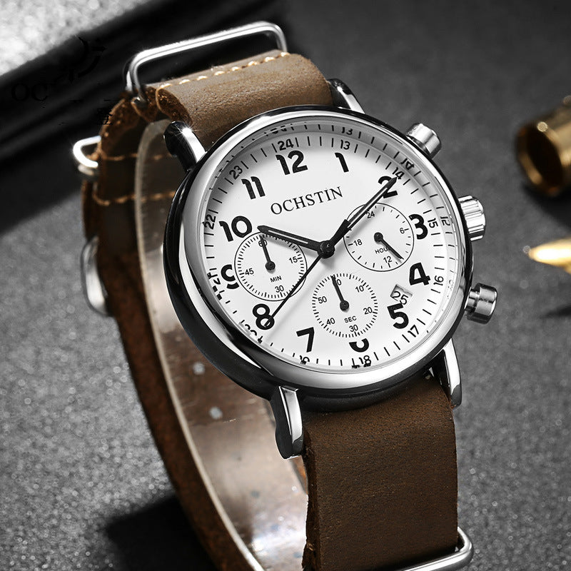 Multi-function three-eye calendar quartz watch