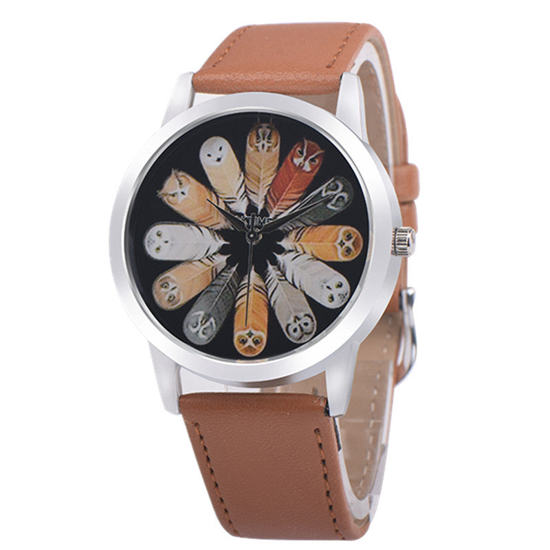 Fashion Student Quartz Cute Owl Feather Watch