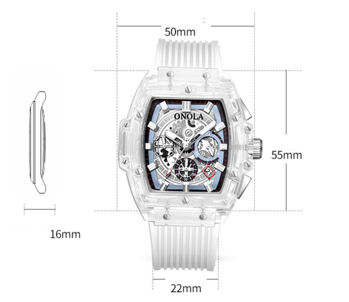Luminescent men's watch with transparent case